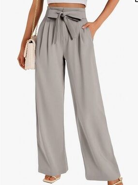 High-Waist Tie Belt Wide Leg Pants - Gray